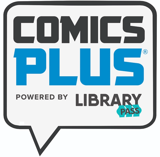Comics Plus logo that says "Comics Plus powered by Library Pass"