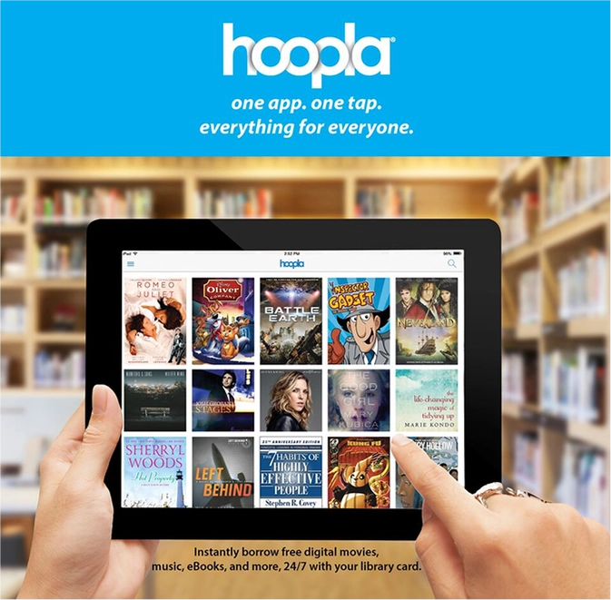 Hoopla logo. Underneath are two hands holding a tablet that has books and movies and music on it