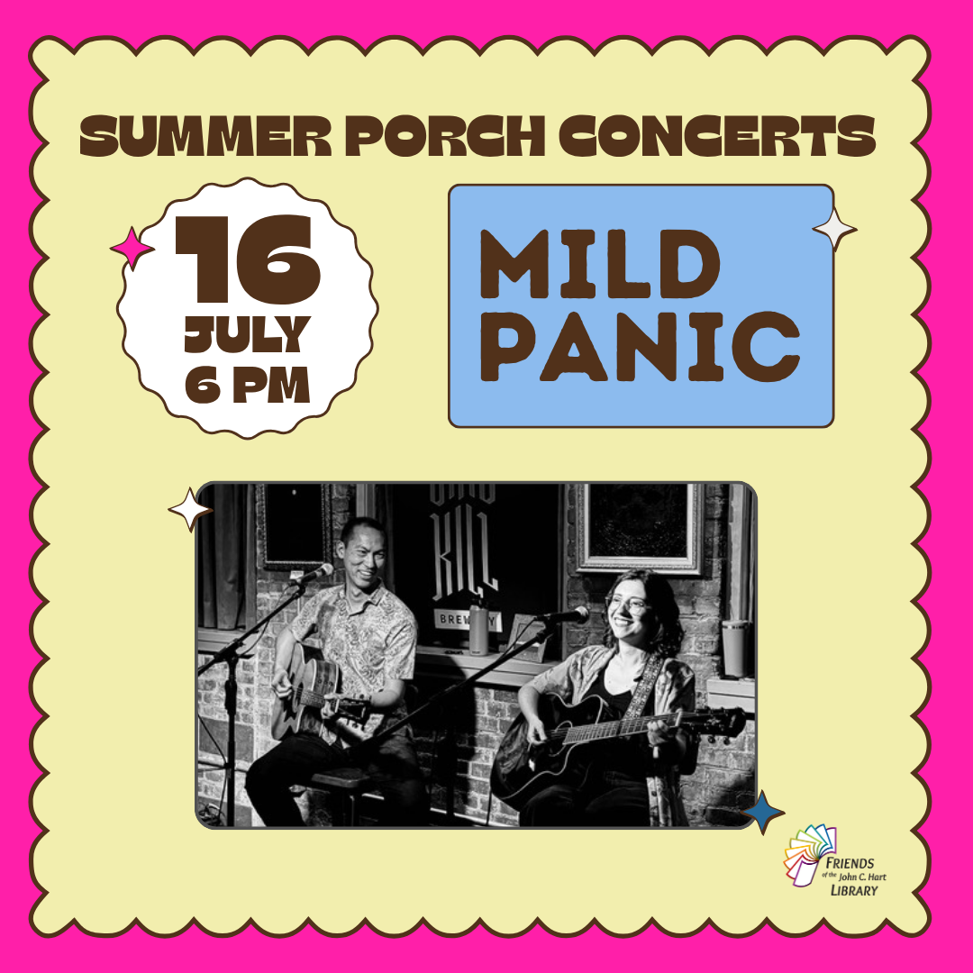 The title "Summer Porch Concerts" and "July 16th at 6pm" next to an image of Mild Panic band