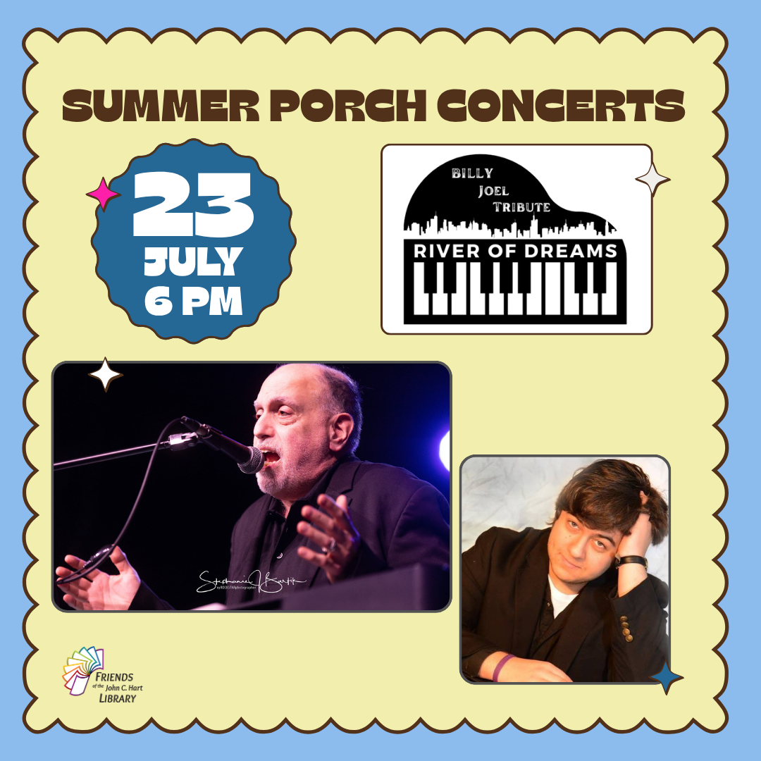 The title "Summer Porch Concerts" and "July23rd at 6pm" next to an image of River of Dreams band.