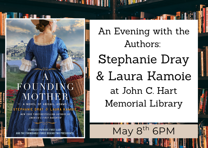 The cover of the book A Founding Mother and information about the event, including the date: May 8th at 6pm