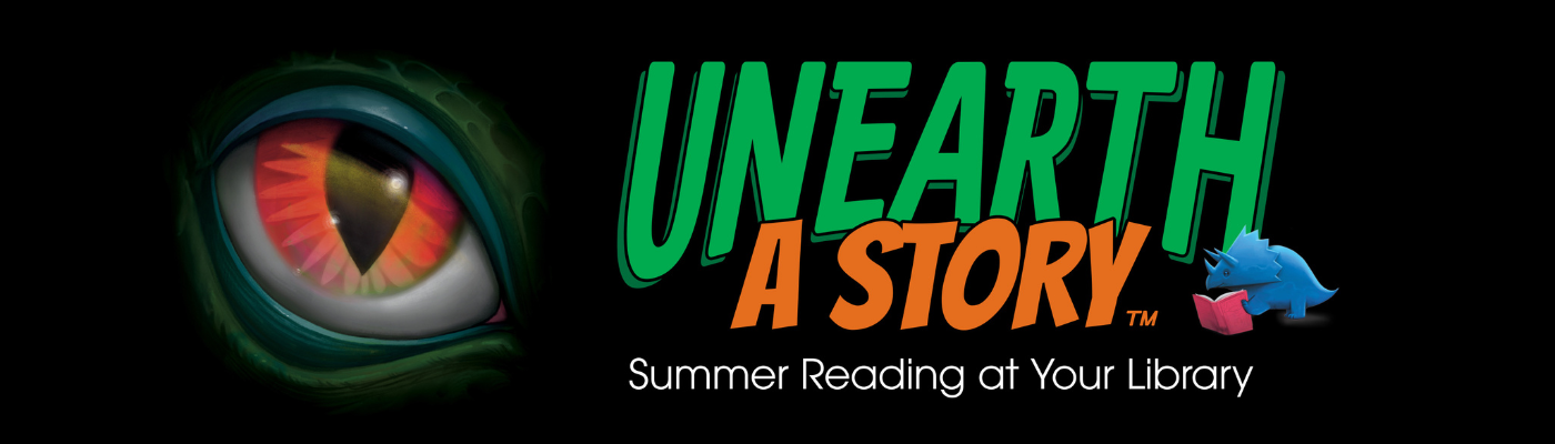Black background with a dinosaur's eye and the title Unearth a Story
